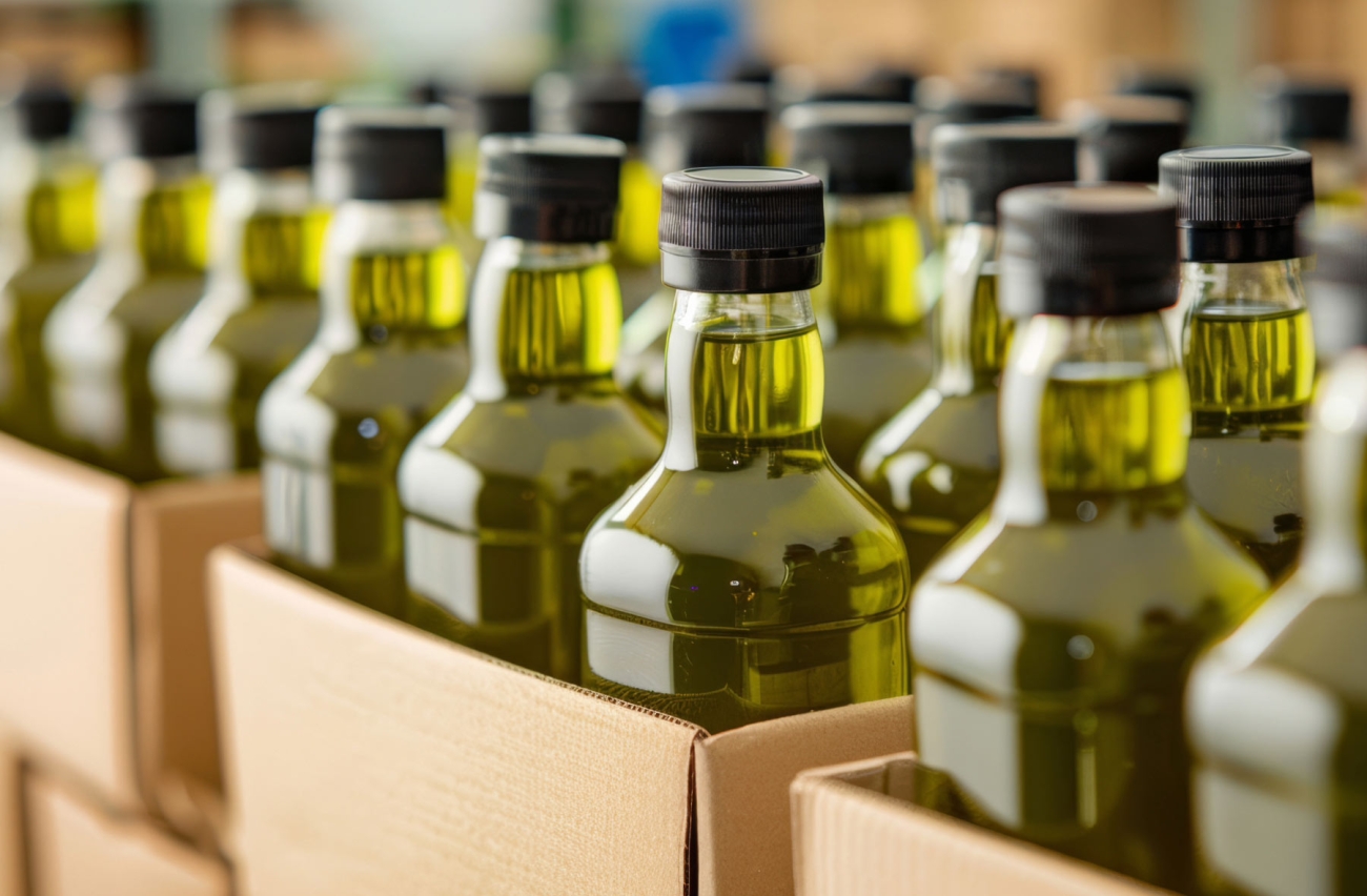 Botellas de aceite de oliva en cajas