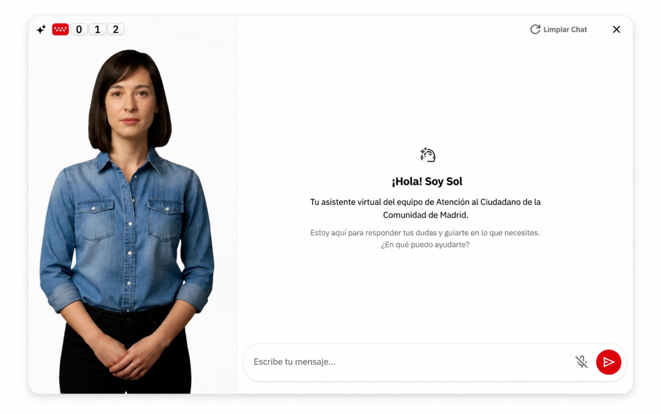 Avatar Sol de la Comunidad de Madrid en su nueva web como asistente virtual con inteligencia artificial para facilitar trámites a los ciudadanos