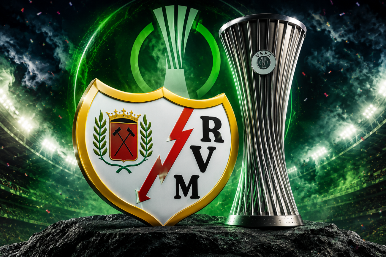 Montaje del escudo del Rayo Vallecano junto al trofeo de la UEFA Europa Conference League tras la clasificación histórica del club para la final europea.