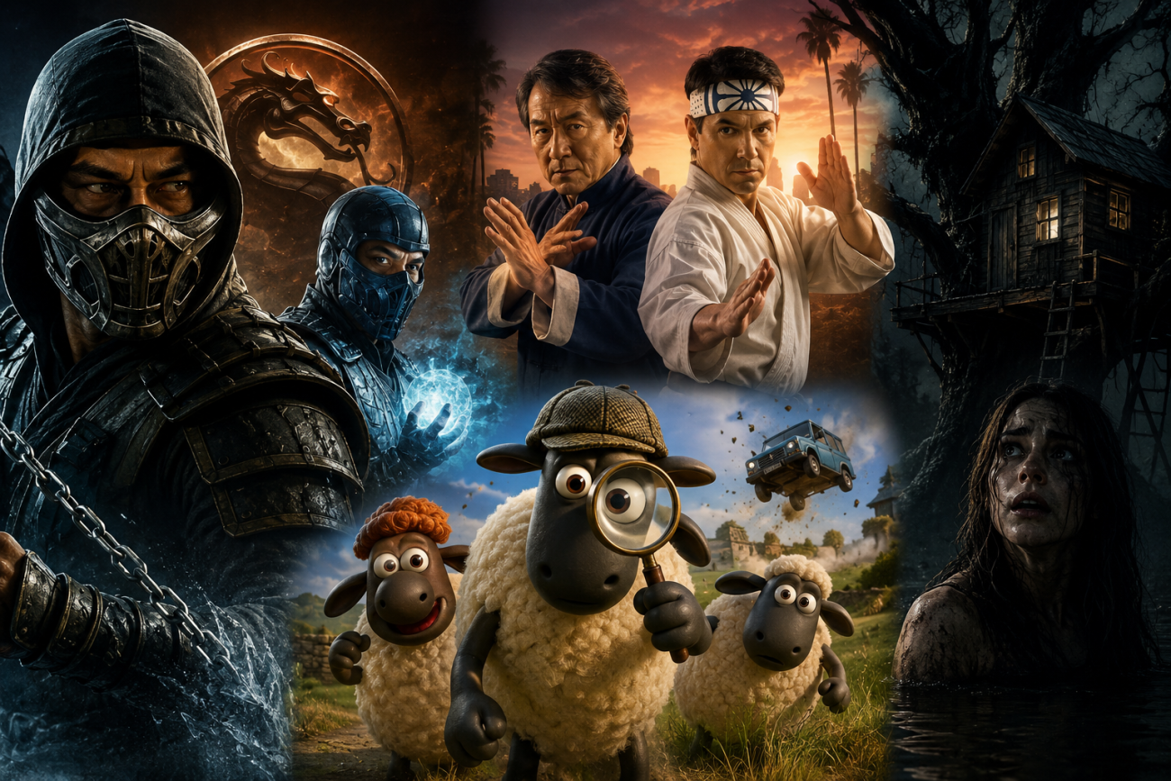 Montaje cinematográfico con algunos de los principales estrenos de cine del 8 de mayo, entre ellos Mortal Kombat II, Karate Kid: Legends y Las ovejas detectives.