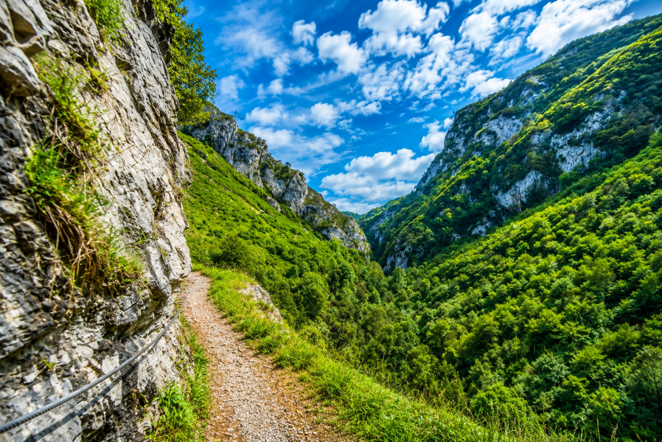 Sendero del Desfiladero de las Xanas entre montañas y paredes de roca en Asturias