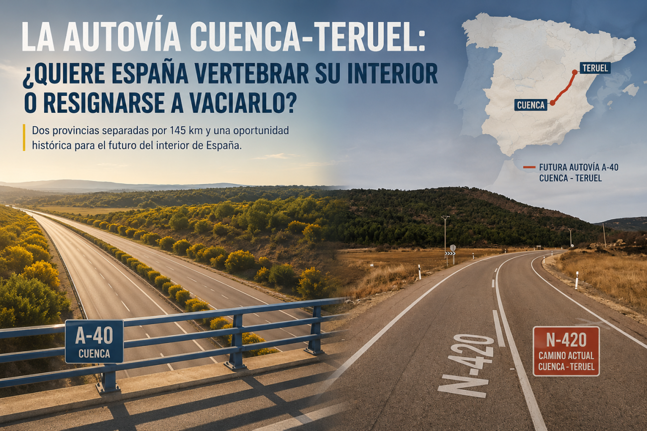 Montaje sobre la futura autovía Cuenca-Teruel con la A-40, la N-420 y un mapa del recorrido entre ambas capitales