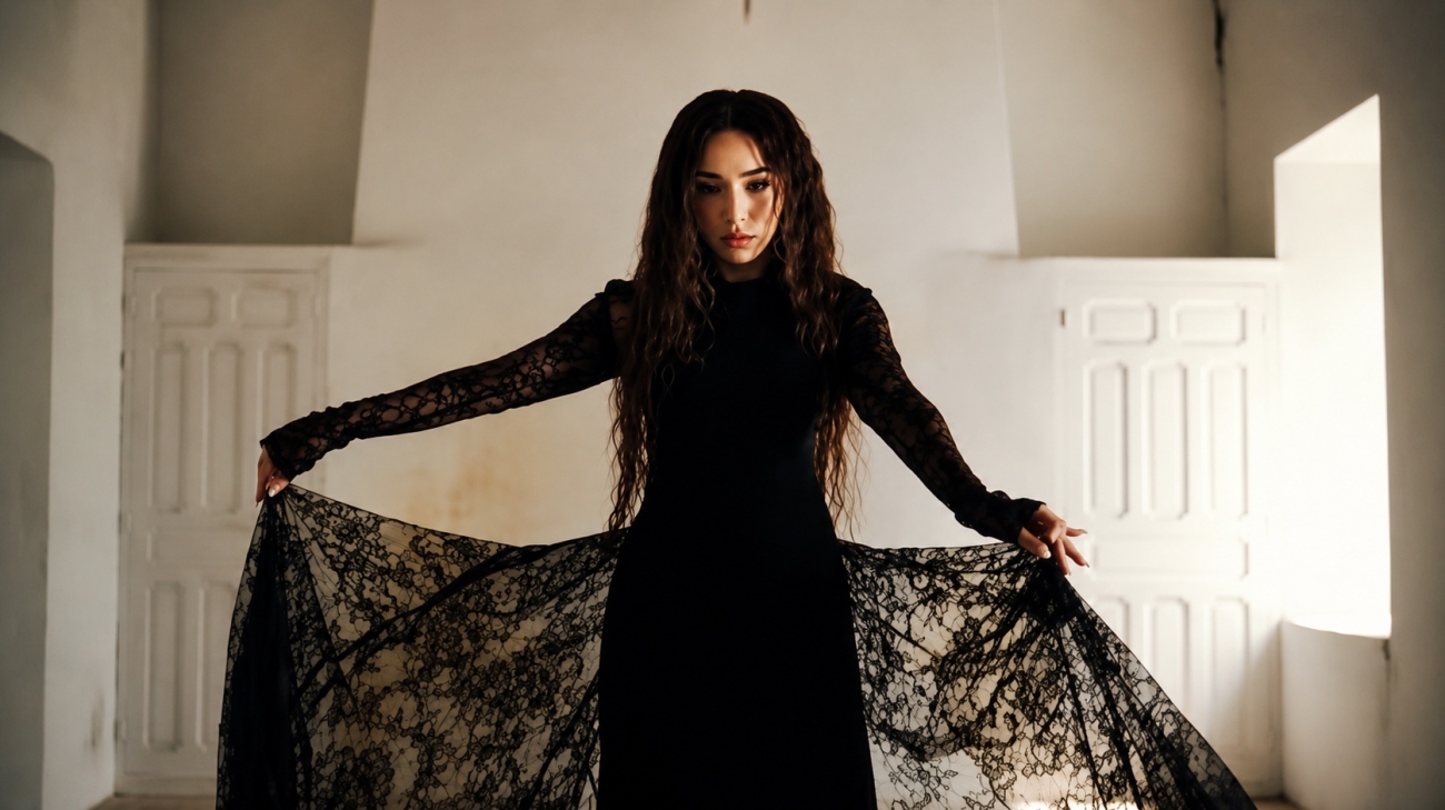Lola Índigo vestida de negro en una escena del videoclip “El Bachatón de la L” con inspiración visual en Bodas de Sangre.