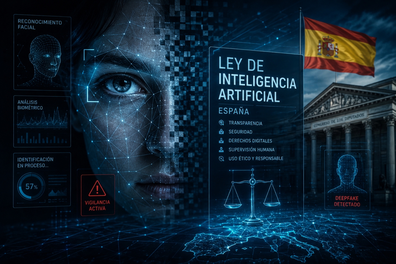 Ilustración futurista sobre la ley de inteligencia artificial en España con reconocimiento facial, vigilancia biométrica y símbolos digitales. Imagen generada con IA.