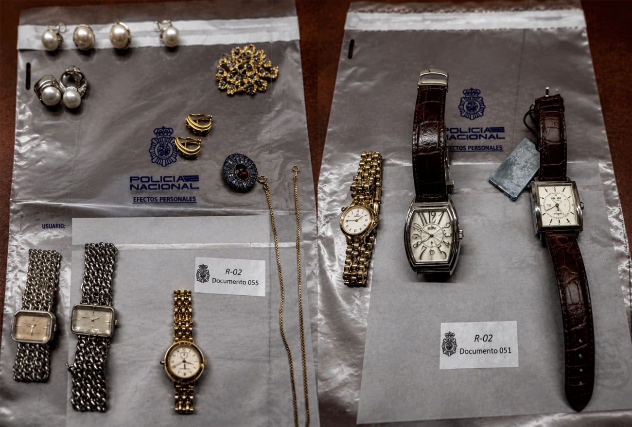 Joyas y relojes hallados en bolsas de efectos personales de la Policía Nacional durante el registro de la caja fuerte relacionada con Zapatero.