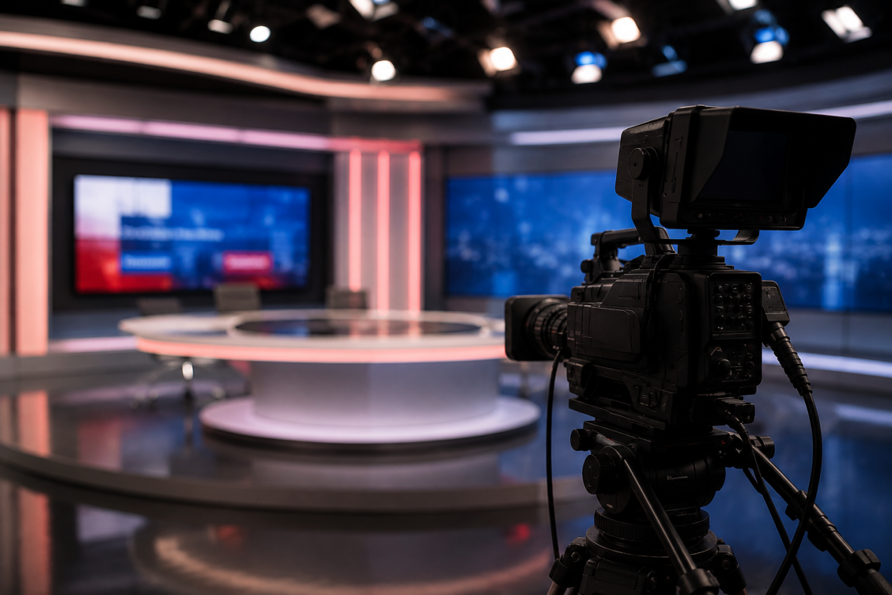 Cámara de televisión enfocando un plató moderno de informativos y debate relacionado con el nuevo canal Siete.