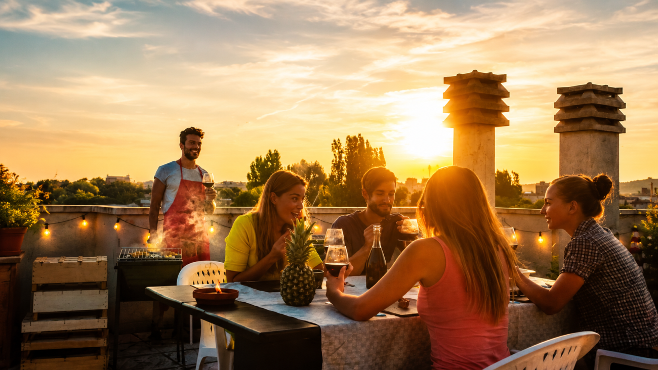 Grupo de amigos disfrutando de una velada al aire libre durante un atardecer de junio, con luz cálida de verano y ambiente relajado.