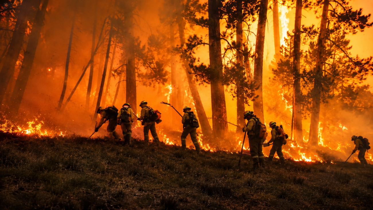 Bomberos forestales combatiendo un incendio entre pinos envueltos por llamas y una intensa nube de humo anaranjado.