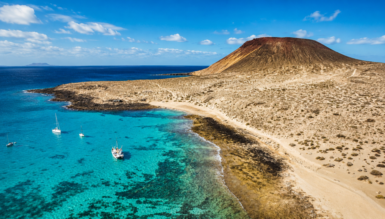 Vista aérea de la Playa de La Cocina y Montaña Amarilla en la isla de La Graciosa.