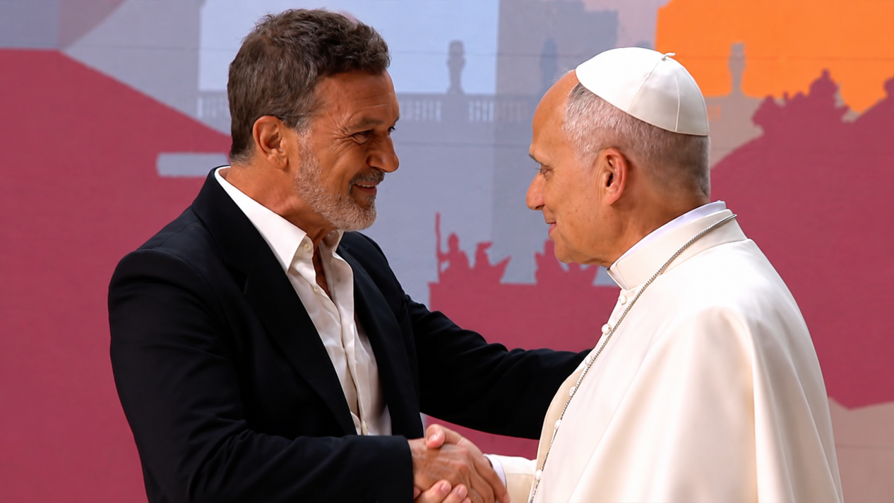 Antonio Banderas saludando al Papa León XIV durante el encuentro Tejer Redes en Madrid.