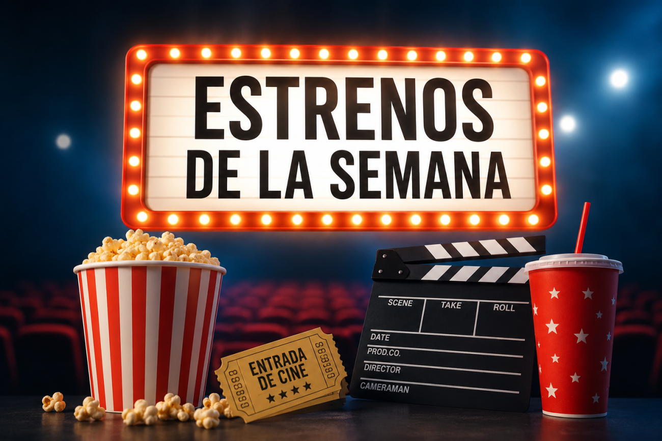 Cartel promocional de los estrenos de cine de la semana con una sala de cine de fondo, palomitas, claqueta cinematográfica y una entrada de cine