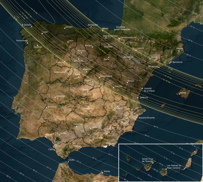 Mapa de la franja de totalidad y los porcentajes de ocultación del eclipse solar del 12 de agosto de 2026 en España. Mapa de la franja de totalidad y los porcentajes de ocultación del eclipse solar del 12 de agosto de 2026 en España.