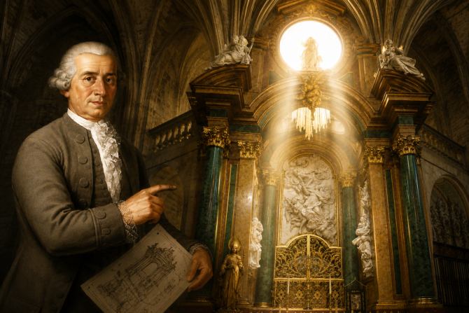 Ventura Rodríguez ante el Transparente de la Catedral de Cuenca. Imagen generada con IA a partir del retrato de Francisco de Goya Ventura Rodríguez ante el Transparente de la Catedral de Cuenca. Imagen generada con IA a partir del retrato de Francisco de Goya