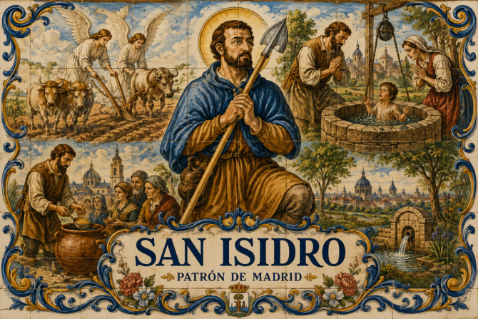 Ilustración inspirada en la cerámica tradicional madrileña con escenas de las principales leyendas de San Isidro, patrón de Madrid.