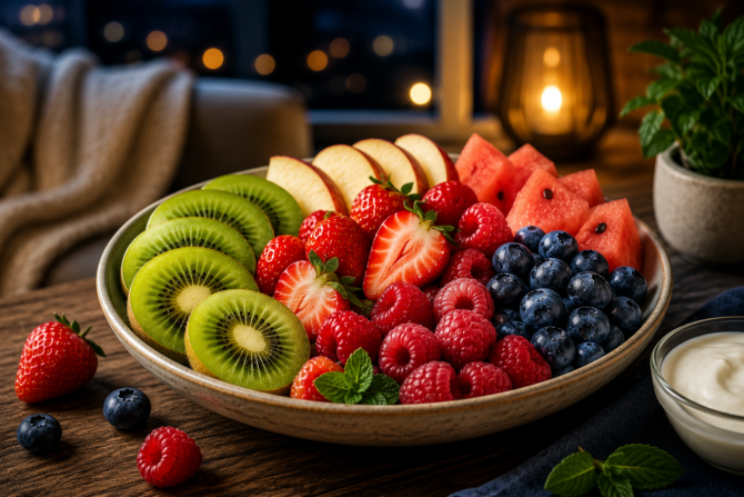 Bol con kiwi, manzana, fresas, frambuesas, arándanos y sandía sobre una mesa en un ambiente nocturno junto a un yogur natural.