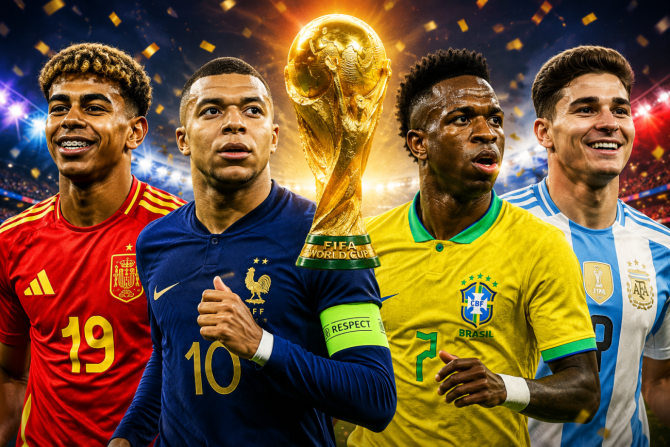 Lamine Yamal, Mbappé, Vinícius Jr. y Julián Álvarez con las camisetas de España, Francia, Brasil y Argentina, con el trofeo del Mundial 2026 al fondo