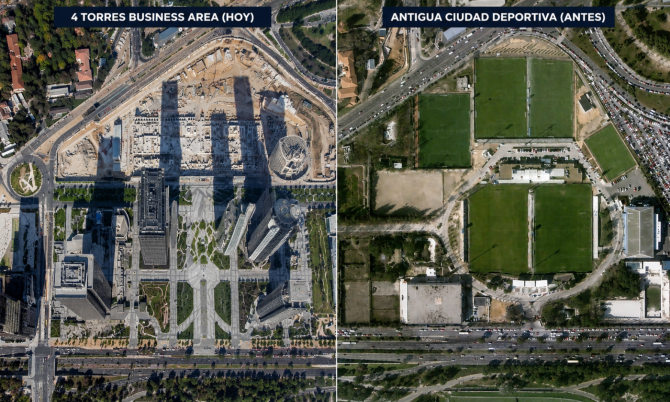Comparativa aérea entre la antigua Ciudad Deportiva del Real Madrid y el actual 4 Torres Business Area de Madrid.