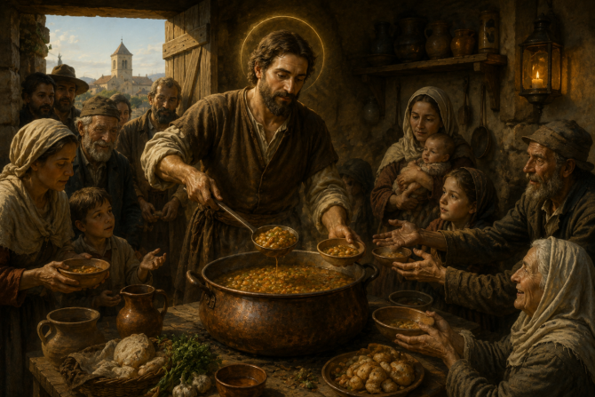 Ilustración de San Isidro repartiendo comida de una olla milagrosa
