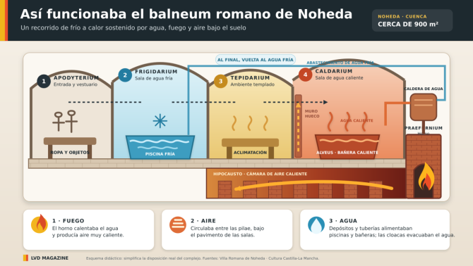 Infografía sobre el funcionamiento y las estancias del balneum romano de Noheda. Infografía sobre el funcionamiento y las estancias del balneum romano de Noheda.