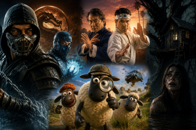 Montaje cinematográfico con algunos de los principales estrenos de cine del 8 de mayo, entre ellos Mortal Kombat II, Karate Kid: Legends y Las ovejas detectives.