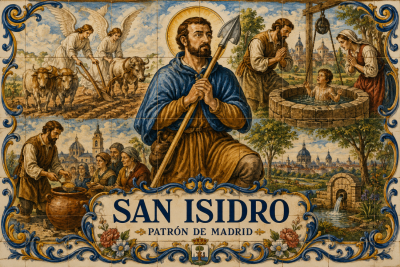 Ilustración inspirada en la cerámica tradicional madrileña con escenas de las principales leyendas de San Isidro, patrón de Madrid.