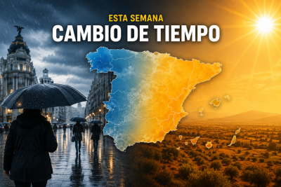 Montaje meteorológico que muestra el cambio de tiempo en España esta semana, con lluvia y paraguas en una ciudad a un lado y sol y temperaturas cálidas al otro junto a un mapa de España.