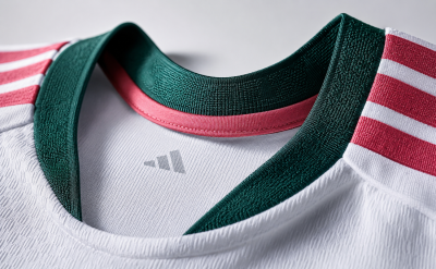 Detalle del cuello verde y rosa de la nueva camiseta del Real Madrid 2026/27 sobre tejido blanco con textura premium diseñada por Adidas.